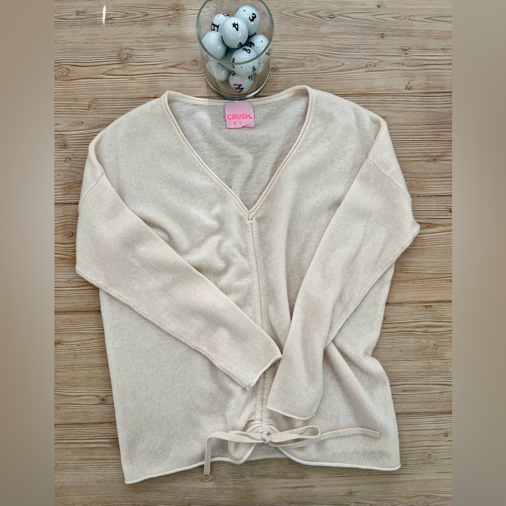 CRUSH 100% Cashmere V-Neck Drawstring Sweater Cream Women’s